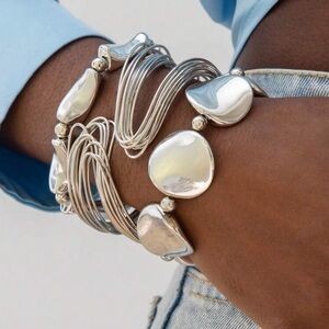 Modern Sculptural Silver Wire Bangle Bracelet Statement Minimalist Stackable